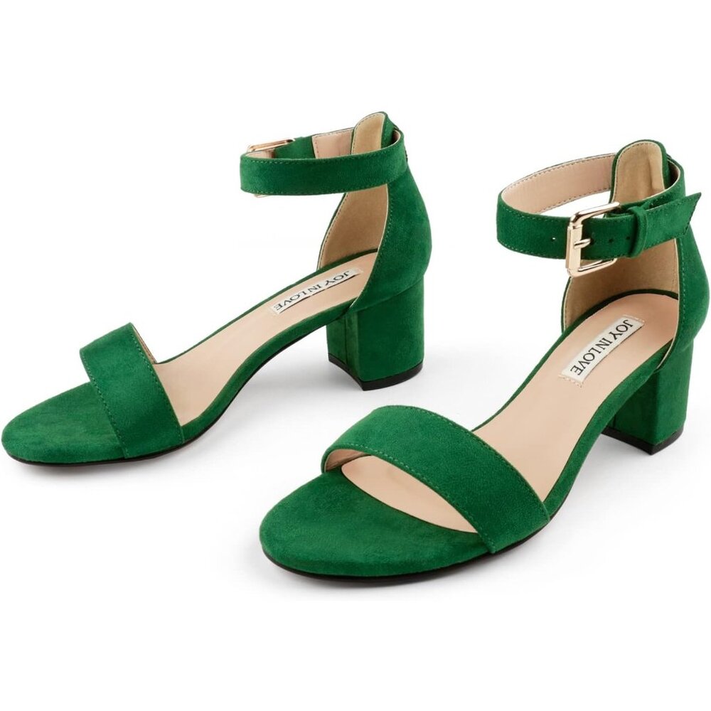 Women's Green Chunky Low Heels Ankle Strap Open Toe Block Heel Sandal